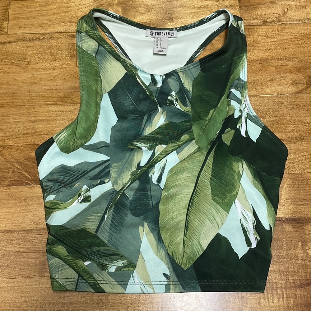 Tropical print crop top tank with built in padding, size small